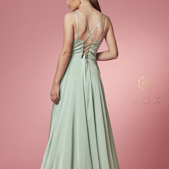 SAGE COLOR SATIN OPEN BACK PROM PARTY A-LINE LONG GOWN DRESS NX1020 - Picture 5 of 7